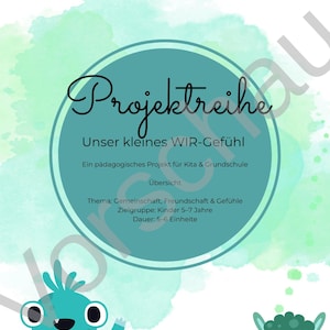 Può includere: Un poster educativo turchese e bianco con il titolo "Projektreihe" e il testo "Unser kleines WIR-Gefühl". Il poster include mostri dei cartoni animati e il testo "Gemeinschaft, Freundschaft & Gefühle".