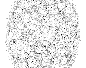 Kawaii Coloring Page | Cute Doodle Art | Printable Adult Coloring | ZenInstant Download | Stress Relief Line Art