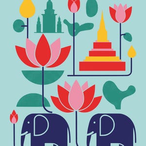 Thai Elephant Lotus Wall Art, Minimalist Thailand Digital Print, Abstract Asian Home Decor, Instant Download Art, Oriental Living Room Art