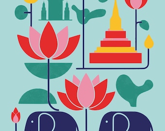 Thai Elephant Lotus Wall Art, Minimalist Thailand Digital Print, Abstract Asian Home Decor, Instant Download Art, Oriental Living Room Art