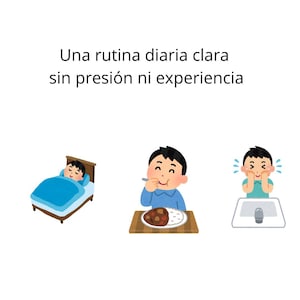 Może przedstawiać: Ilustracja przedstawiająca codzienną rutynę. Obraz przedstawia osobę śpiącą w łóżku, jedzącą posiłek i myjącą twarz. Tekst na górze brzmi "Una rutina diaria clara sin presión ni experiencia."