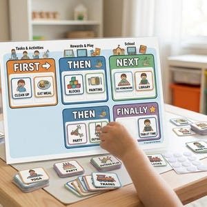 Puede incluir: Un tablero de programación visual colorido con las palabras "Tareas y Actividades", "Recompensas y Juego" y "Escuela". El tablero tiene secciones etiquetadas como "Primero", "Luego", "Siguiente" y "Finalmente", con tarjetas de imágenes correspondientes. La mano de un niño interactúa con el tablero.