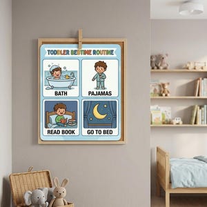 May include: A framed "Toddler Bedtime Routine" chart with illustrations of bath time, pajamas, reading, and bedtime. The chart is held by a wooden clip. A wicker basket with stuffed animals sits below the chart, and a child's bed is in the background.