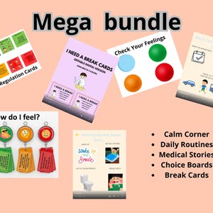 Puede incluir: Un conjunto de recursos educativos, que incluyen tarjetas de autorregulación e historias sociales. La imagen muestra el texto "Mega bundle" y enumera temas como "Calm Corner" y "Daily Routines". Los recursos están diseñados para fines educativos.