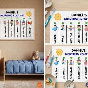 Peut inclure: Une affiche encadrée avec le texte "DANIEL'S MORNING ROUTINE" et des illustrations des tâches quotidiennes. Les tâches comprennent faire le lit, aller aux toilettes, prendre le petit-déjeuner, se brosser les dents, s'habiller, préparer le sac et manger une collation.