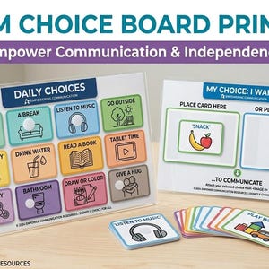 Puede incluir: Una tabla imprimible de elección para el autismo con el texto "Autism Choice Board Printable" y "Empower Communication & Independence". La tabla incluye opciones visuales para las actividades diarias y la comunicación, con una sección para colocar tarjetas. La imagen también incluye un conjunto de tarjetas.