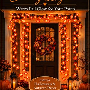 May include: Maple Leaf String Lights with warm LED glow, battery operated, featuring orange and red artificial leaves draped around a doorway. Text includes 'Maple Leaf String Lights', 'Warm Fall Glow for Your Porch', and 'Perfect for Halloween & Autumn Decor'.