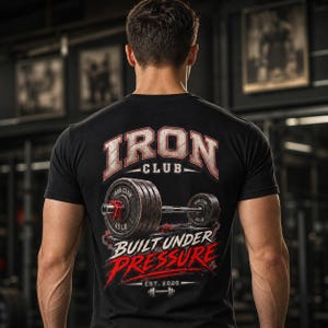 Könnte beinhalten: Ein schwarzes T-Shirt mit einem Rückendruck, der den Text IRON CLUB, BUILT UNDER PRESSURE und EST. 2026 zeigt. Das Motiv umfasst eine Langhantel mit 45 LB Gewichtsscheiben, einen roten Verschlussring und rote Akzente unter der Hantelgrafik.