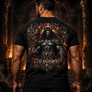 Op de afbeelding: Een zwart t-shirt met een grafische print van een gehoornde, gespierde figuur die een drietand vasthoudt, geflankeerd door twee grommende, wolfachtige wezens te midden van vlammen en stenen zuilen. Het woord GRAVORN staat in dikke letters.