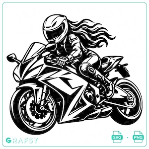 May include: A black and white graphic illustration of a person wearing a helmet and riding gear, riding a sport motorcycle with long hair flowing behind. The image includes the text GRAFSY in the bottom left corner and SVG and PNG icons.
