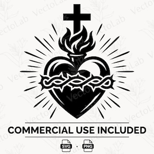 May include: A black and white graphic illustration of the Sacred Heart featuring a central heart encircled by a crown of thorns, topped with a cross and flames, surrounded by radiating light rays, with text reading COMMERCIAL USE INCLUDED SVG PNG.