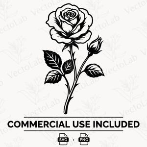 Op de afbeelding: Een zwart-witte digitale illustratie van een enkele roos met een bloeiende bloem, een kleinere rozenknop en verschillende bladeren aan een steel. De tekst "COMMERCIAL USE INCLUDED" staat onder de roos, gevolgd door twee kleine iconen met de labels SVG en PNG.