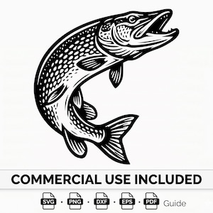 May include: A black and white illustration of a fish leaping upwards. The fish is detailed with scales and fins, and its mouth is open. The image includes the text "COMMERCIAL USE INCLUDED" and file type icons.