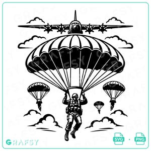 May include: A black and white graphic illustration featuring a military transport aircraft flying above a paratrooper descending with a large parachute. Smaller paratroopers and clouds surround the central figure. The text GRAFSY appears faintly.