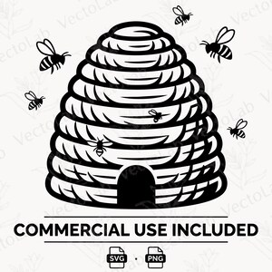 May include: A black and white graphic illustration of a domed beehive with a small arched entrance at the base, surrounded by six flying bees. The text below reads COMMERCIAL USE INCLUDED, followed by two small icons labelled SVG and PNG.