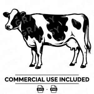 Może przedstawiać: Czarno-biała ilustracja graficzna krowy z profilu. Pod krową znajduje się napis COMMERCIAL USE INCLUDED, a poniżej dwie małe ikony z oznaczeniami SVG i PNG, reprezentujące cyfrowe formaty plików dla tego projektu graficznego.