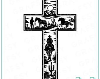 Könnte beinhalten: Ein schwarz-weißes Grafikdesign in Kreuzform, das eine Westernlandschaft darstellt. Die Szene zeigt Silhouetten eines Cowboys, von Pferden, Bergen, einer Sonne und Kakteen. Das Wort GRAFSY ist unten links im Bild deutlich zu erkennen.