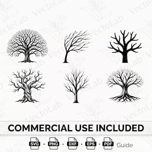May include: A collection of six black tree silhouettes in various styles. The trees range from detailed, full-foliage designs to simpler, bare-branched forms. The image includes the text "COMMERCIAL USE INCLUDED" with file type icons: SVG, PNG, DXF, EPS, and PDF.