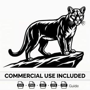 May include: Black and white illustration of a cougar standing on a rock. The cougar is depicted in a stylized, graphic design. The image includes the text "COMMERCIAL USE INCLUDED" with file type icons for SVG, PNG, DXF, EPS, and PDF.