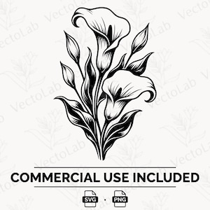 May include: A black and white digital illustration of calla lily flowers with stems and leaves. The text below reads COMMERCIAL USE INCLUDED, with SVG and PNG icons. The background features a faint repeating watermark of the text VectoLab.