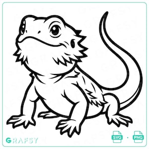 Könnte beinhalten: Eine schwarz-weiße digitale Illustration einer Bartagame mit langem Schwanz, stacheligen Schuppen um den Hals und großen Augen. Die Grafik zeigt klare, kräftige Umrisse auf weißem Hintergrund mit dem Text GRAFSY am unteren Rand.