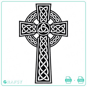 May include: A black and white graphic illustration of a Celtic cross featuring intricate knotwork patterns throughout the arms and a central triquetra symbol. The design is enclosed within a circular ring and includes the text GRAFSY, SVG, and PNG.
