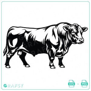 May include: A black and white graphic illustration of a muscular bull standing in profile, facing right. The design features bold, high-contrast lines and shading to define the animal's powerful physique, with the text GRAFSY visible in the corner.
