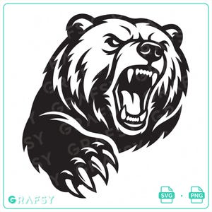 Pode incluir: Uma ilustração gráfica em preto e branco de uma cabeça de urso a rosnar com a boca aberta, mostrando dentes afiados e uma pata levantada com garras visíveis. O design apresenta linhas arrojadas de alto contraste e uma expressão agressiva.
