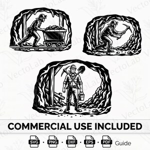 Kolgruvearbetare SVG PNG Pickaxe Gruvverktyg Professionell arbetare Silhuett Digital Nedladdning Klippfil
