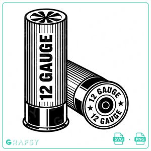 May include: A black and white graphic illustration of two shotgun shells. One shell stands vertically with the text 12 GAUGE printed on its side. The second shell lies horizontally, showing its base with the text 12 GAUGE and two stars.