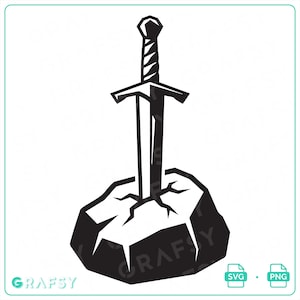 May include: A black and white graphic illustration of a sword embedded in a cracked stone. The sword features a pommel, a crossguard, and a straight blade. The stone is depicted with jagged cracks radiating from the point where the sword enters.
