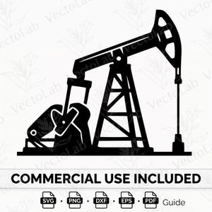 Może przedstawiać: Czarna sylwetka pompy naftowej, symbol przemysłu naftowego. Obraz zawiera tekst "COMMERCIAL USE INCLUDED" oraz ikony typów plików SVG, PNG, DXF, EPS i PDF.
