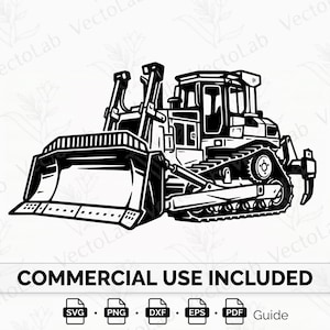 Puede incluir: Ilustración en blanco y negro de una excavadora. La imagen incluye el texto "COMMERCIAL USE INCLUDED" e iconos para los formatos de archivo SVG, PNG, DXF, EPS y PDF. La excavadora tiene una gran cuchilla y orugas.