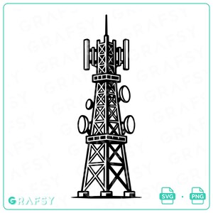 Könnte beinhalten: Eine schwarz-weiße grafische Illustration eines Telekommunikationsturms mit Gitterstruktur, mehreren rechteckigen Panelantennen an der Spitze und verschiedenen kreisförmigen Satellitenschüsseln, die an den Seiten des Mastes montiert sind.