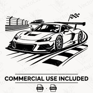 May include: A black and white graphic illustration of a sports car racing on a track. The car features a rear spoiler, a driver in a helmet, and motion lines. A checkered flag waves in the background near a fence. Text reads COMMERCIAL USE INCLUDED.