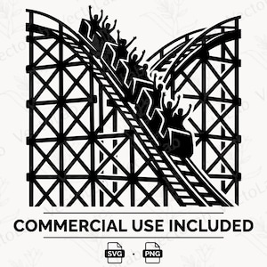 May include: A black and white graphic illustration of a wooden roller coaster with a train full of passengers with their arms raised. Below the coaster, the text reads COMMERCIAL USE INCLUDED, followed by two small icons labeled SVG and PNG.