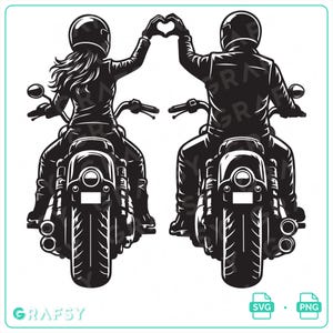 Peut inclure: Une illustration graphique en noir et blanc de deux motards vus de dos, portant chacun un casque et une veste, sur des motos séparées. Ils lèvent chacun une main pour former ensemble une forme de cœur au-dessus de leurs têtes.