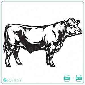 May include: A black and white graphic illustration of a bull standing in profile, facing right. The design features bold, high-contrast lines and stylised shading to define the muscular form of the animal. The text GRAFSY appears in the corner.
