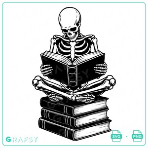 Skull Reader SVG Skeleton Reading Book Stack PNG Bookish Gothic Vector Clipart Decal