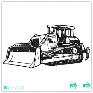 May include: A black and white graphic illustration of a bulldozer featuring a large front blade, a cabin with windows, and heavy-duty tracks. The design includes the text GRAFSY in the bottom left corner and SVG and PNG icons in the bottom right.