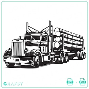Pode incluir: Uma ilustração gráfica a preto e branco de um camião articulado a transportar um reboque com troncos empilhados. O design apresenta uma cabine detalhada com grelha vertical, tubos de escape e rodas. O texto GRAFSY, SVG e PNG aparece na parte inferior.