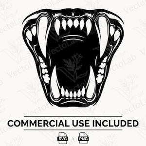 May include: A black and white graphic illustration of an open animal mouth with sharp, prominent fangs and teeth. The design features a high-contrast, stylized depiction of a predator's jaw, showcasing detailed gum lines and pointed incisors.