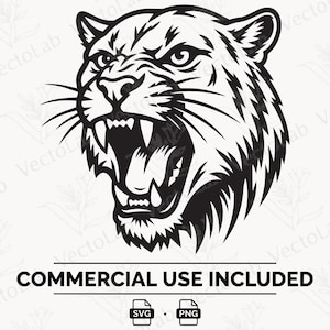 May include: A black and white graphic illustration of a snarling tiger head with bared teeth and whiskers. Below the tiger, the text reads COMMERCIAL USE INCLUDED, followed by two small icons labeled SVG and PNG, representing digital file formats.