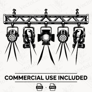 May include: A black and white graphic illustration of a horizontal stage lighting truss system featuring five hanging spotlights. The lights are directed downward, emitting beams of light. The text reads COMMERCIAL USE INCLUDED, SVG, and PNG.