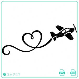 May include: A black graphic illustration of a small propeller airplane flying forward, leaving behind a continuous, swirling trail that forms a distinct heart shape. The design is clean, solid black on a white background with the text GRAFSY below.