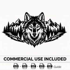 May include: Black and white graphic of a wolf's head, centered above a mountain range and forest silhouette. The text "COMMERCIAL USE INCLUDED" is at the bottom, along with file type icons: SVG, PNG, DXF, EPS, and PDF.