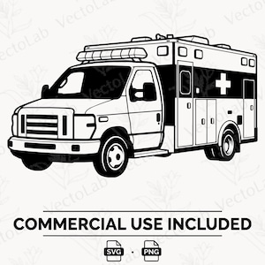 May include: A black and white line art illustration of an ambulance vehicle featuring a prominent cross symbol on the side panel, emergency roof lights, and detailed cabin windows. The graphic includes the text COMMERCIAL USE INCLUDED.
