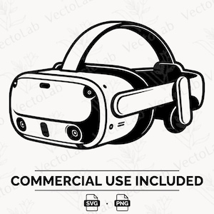 Puede incluir: Una ilustración vectorial en blanco y negro de un casco de realidad virtual con visor frontal, sensores integrados, correa para la cabeza y componentes de audio laterales. El texto inferior dice COMMERCIAL USE INCLUDED con iconos SVG y PNG.