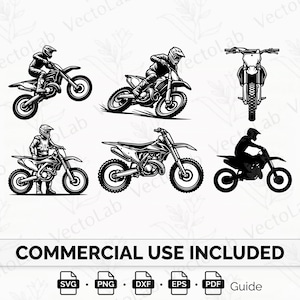 Peut inclure: Illustrations en noir et blanc de motos de motocross et de pilotes en action. L'image comprend une vue de face d'une moto et le texte "COMMERCIAL USE INCLUDED" avec des icônes de type de fichier pour SVG, PNG, DXF, EPS et PDF.