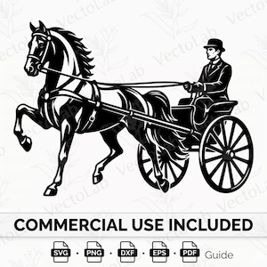 May include: A black and white graphic illustration of a horse pulling a carriage with a driver wearing a hat. The image includes the text COMMERCIAL USE INCLUDED and icons for SVG, PNG, DXF, EPS, and PDF file formats with the word Guide.
